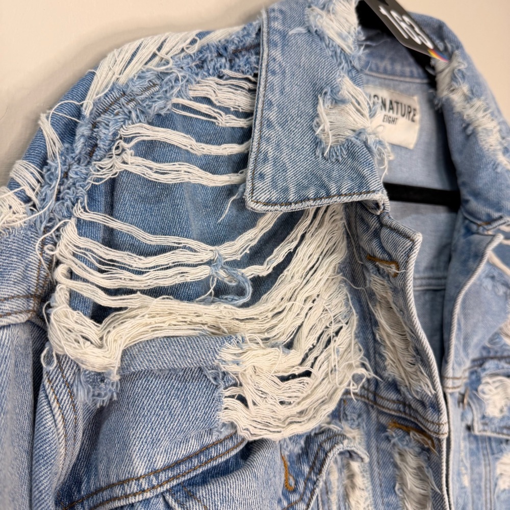 #163 SIGNATURE EIGHT Distressed Jacket PTP: 24.5" Oversized shredded Denim - Picture 2 of 12